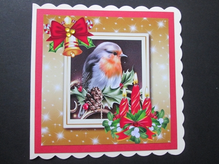 Robin in gold star frame with candles & holly 8x8 by BELINDA ABRAHAM