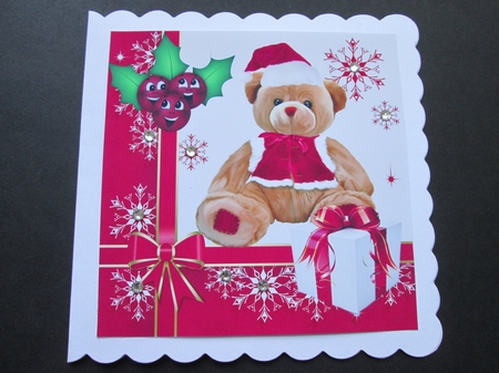 Cute teddy bear in santa hat with present 8x8 by BELINDA ABRAHAM
