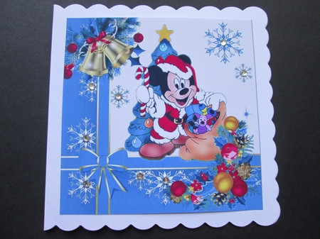 mouse with christmas presents, blue tree, with bells 8x8 by BELINDA ABRAHAM
