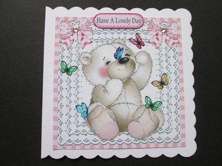cute little bear playing with butterflies on lace with bows 8x8 by BELINDA ABRAHAM