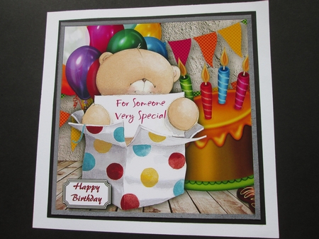 Forever friends bear in gift box with balloons, cake and bunting by BELINDA ABRAHAM