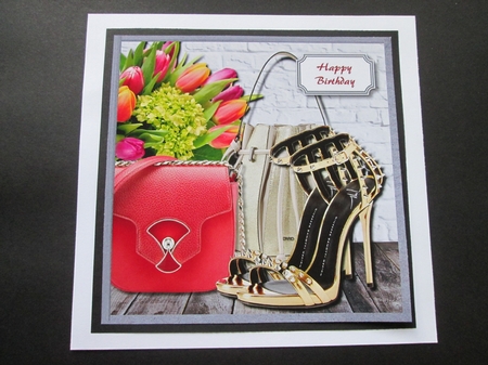 Girly card front with bags, shoes and flowers by BELINDA ABRAHAM