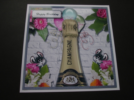 Champagne, flowers, balloons and mice card topper by BELINDA ABRAHAM