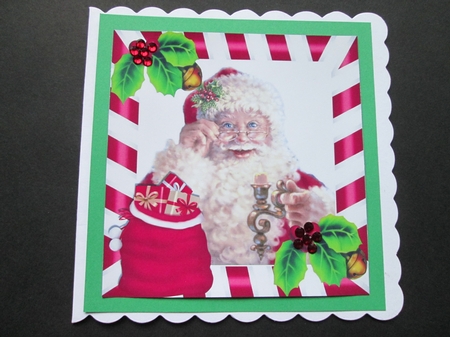 santa with presents in christmas red stripe 8x8 frame with holly by BELINDA ABRAHAM