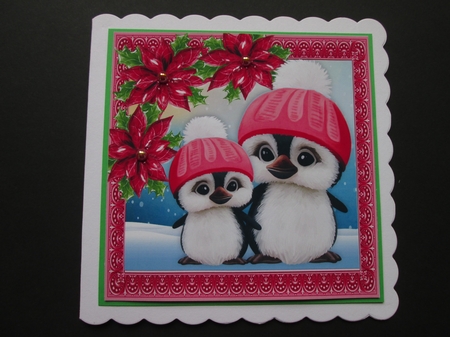 Gorgeous Two Penguins In Bobble Hats With Red Poinsettias 8x8 by BELINDA ABRAHAM