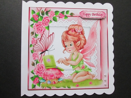 Faerie with her laptop & butterfly with roses 8x8 by BELINDA ABRAHAM