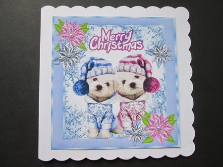 cute pair of puppies in pink and blue with snowflakes 8x8 by BELINDA ABRAHAM