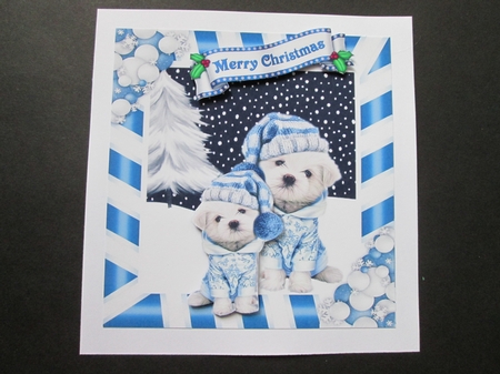 puppies in blue knitted hats with christmas tree striped frame 8x8 by BELINDA ABRAHAM