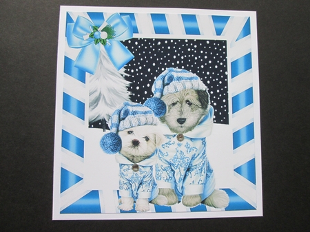 Furry Friends,  cute dogs in the snow in blue 8x8 by BELINDA ABRAHAM