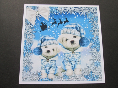 cute puppies in the snow santa flying over 8x8 by BELINDA ABRAHAM
