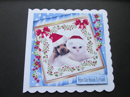 cute puppy and kitty in santa hats with bow in blue star frame with flowers 8x8 by BELINDA ABRAHAM