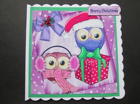 cute pair of winter owls with present in star frame 8x8 by BELINDA ABRAHAM