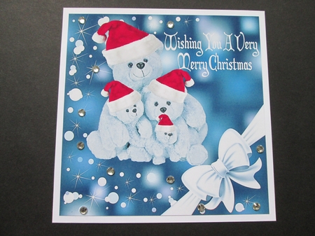 Cuddly teddies in santa hats with corner bow 8x8 by BELINDA ABRAHAM