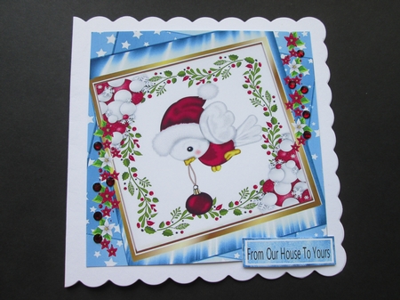 robin  in red santa hat with bauble in  stacked star frame with flowers 8x8 by BELINDA ABRAHAM