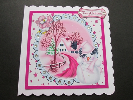 Lovely pink snow scene with little pink bird & snowman 8x8 by BELINDA ABRAHAM