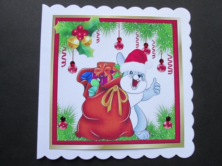 cute bunny in santa hat with christmas sack 8x8 by BELINDA ABRAHAM