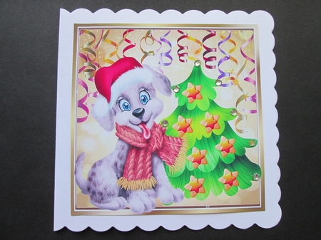 Cute Puppy in santa hat with streamers and christmas tree 8x8 by BELINDA ABRAHAM