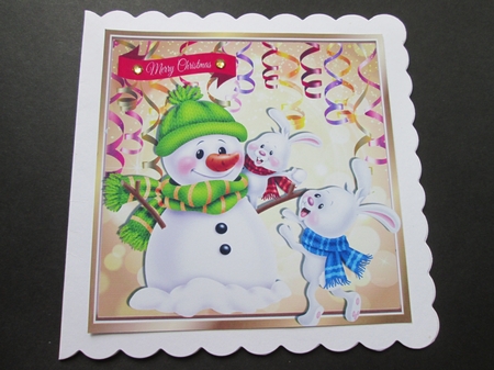 Lovely snowman with bunnies wrapped in warm scarves 8x8 by BELINDA ABRAHAM