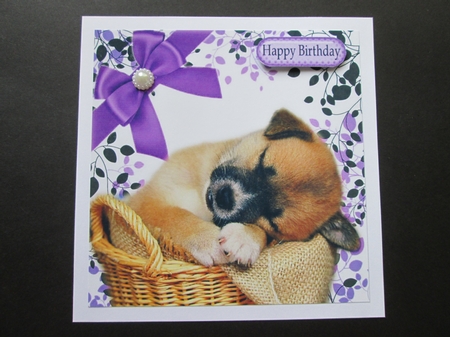 Adorable little puppy sleeping  in leaf frame with purple bow 8x8 by BELINDA ABRAHAM