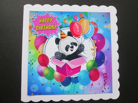 Cute panda in a surprise box with balloons 8x8  by BELINDA ABRAHAM