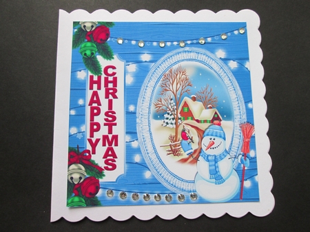 Snowman with cottage in the snow with bells 8x8 by BELINDA ABRAHAM