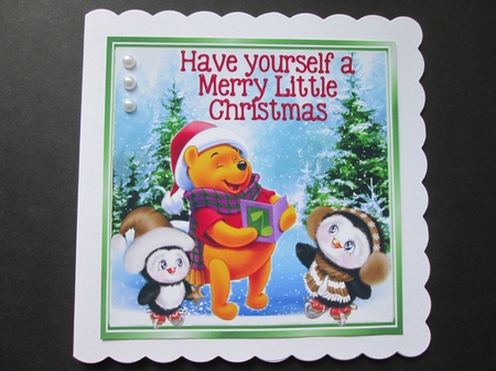 Pooh bear singing carols with cute penguins 8x8 by BELINDA ABRAHAM