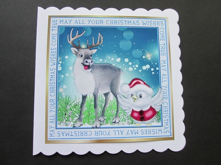 Cute reindeer and little bird in red santa hat 8x8 by BELINDA ABRAHAM