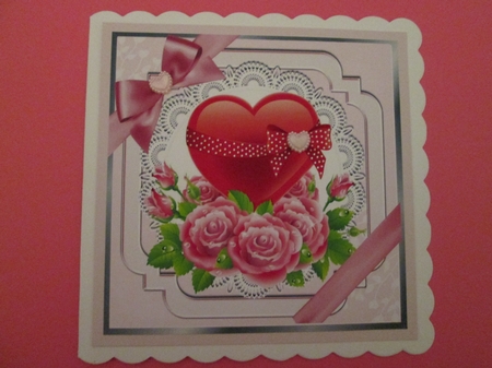 Heart bows and roses on lace  for valentines 8x8 by BELINDA ABRAHAM