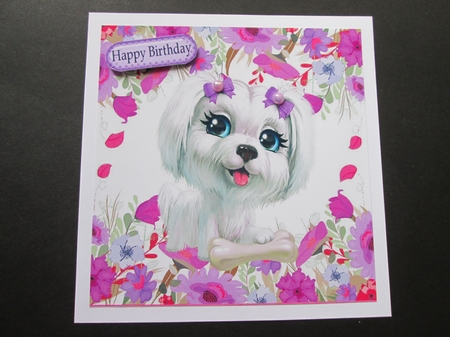 white westie puppy with a bone in the purple flowers 8x8 by BELINDA ABRAHAM