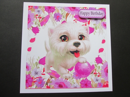 white puppy playing ball in the purple flowers 8x8 by BELINDA ABRAHAM