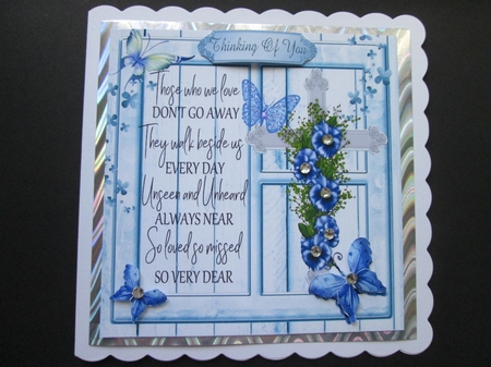 Lovely sympathy cross with blue butterflies & flowers 8x8 by BELINDA ABRAHAM
