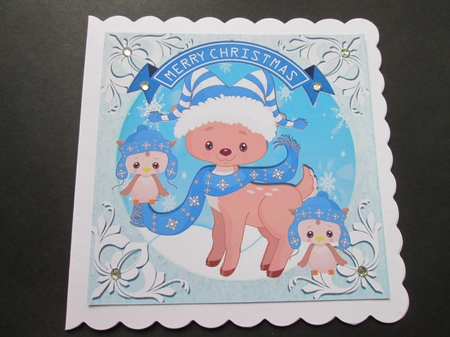 Cute reindeer in blue scarf with owls 8x8 by BELINDA ABRAHAM