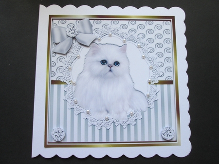 Pretty white persian on lace  with diamonds,. silver stripe/swirls and bow card front 8x8 by BELINDA ABRAHAM