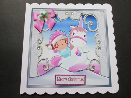 Pretty pink christmas with magical unicorn with snow & bow 8x8 by BELINDA ABRAHAM