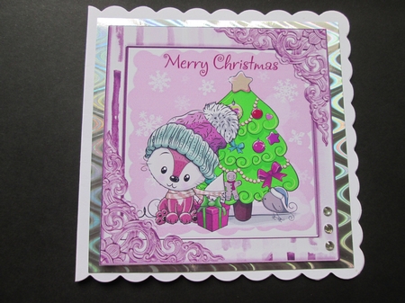 Cute fox with in winter hat with little bird 8x8 (lilac) by BELINDA ABRAHAM