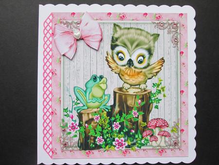 Cute Owl and Frog Sitting on a Floral Log 8x8 by BELINDA ABRAHAM