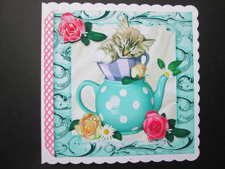 Sleepy Kitty in Polkadot Teacup and Roses 8x8 by BELINDA ABRAHAM