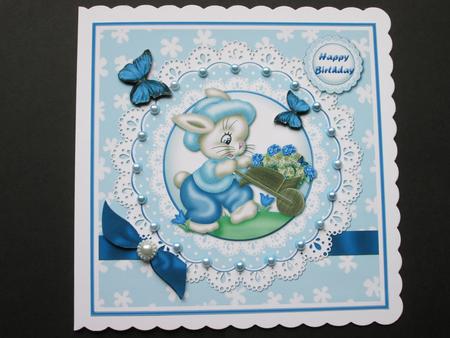 Bunny and Wheelbarrow Square Card Front by BELINDA ABRAHAM