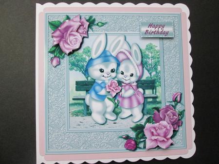 Romantic Bunnies with Roses Square Card Front by BELINDA ABRAHAM