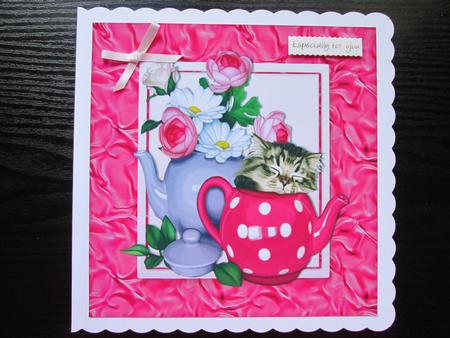 Sleepy Kitty in Teapot and Roses with Bow 8x8 by BELINDA ABRAHAM