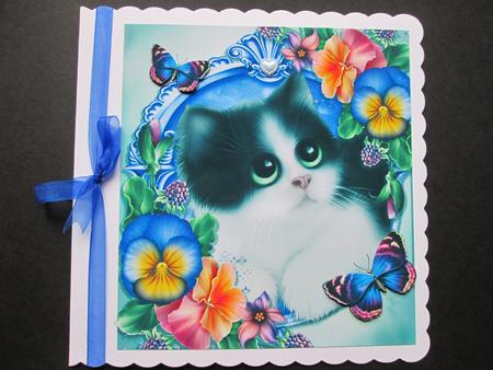 Beautiful Black & White Kitten with Flowers 8x8 by BELINDA ABRAHAM