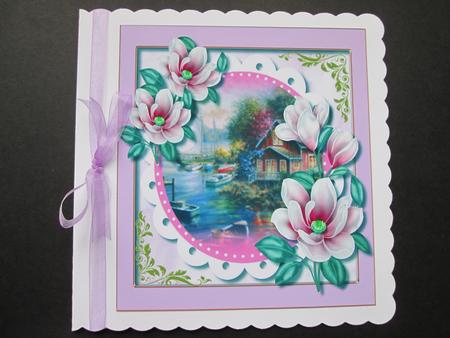 Beautiful Cerises Magnolias with a Water Scene  by BELINDA ABRAHAM