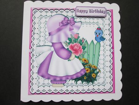 Little Bonnet Girl with Flowers & Little Bird 8x8 by BELINDA ABRAHAM