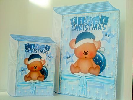 First Christmas Teddy in Blue with Stars Folded Book by Belinda Ellingham