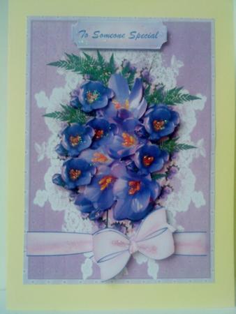 Beautiful Mauve Crocuses on a Lace Mat. by Belinda Ellingham