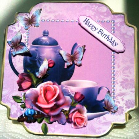 Purple Tea Time Square Card Front by Belinda Ellingham