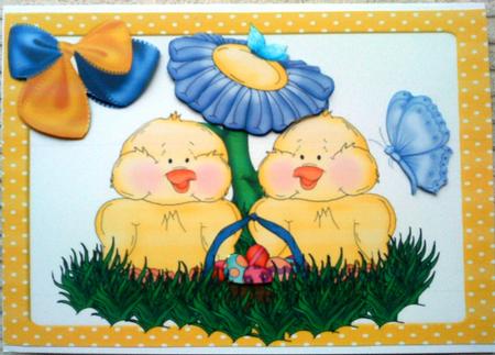 Easter Chicks with Butterfly and Blue Flower A4 by Belinda Ellingham
