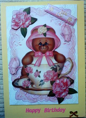 Little Teddy in Rose Teacup with Butterflies by Belinda Ellingham