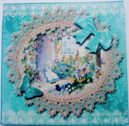 8x8 Vintage by the Cottage Door with Lace and Butterflies by Belinda Ellingham