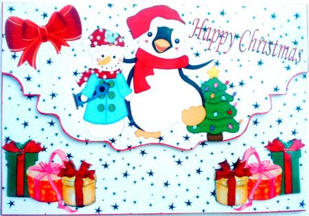 Penguin & Snowman on a Scalloped Envelope A4 by Belinda Ellingham